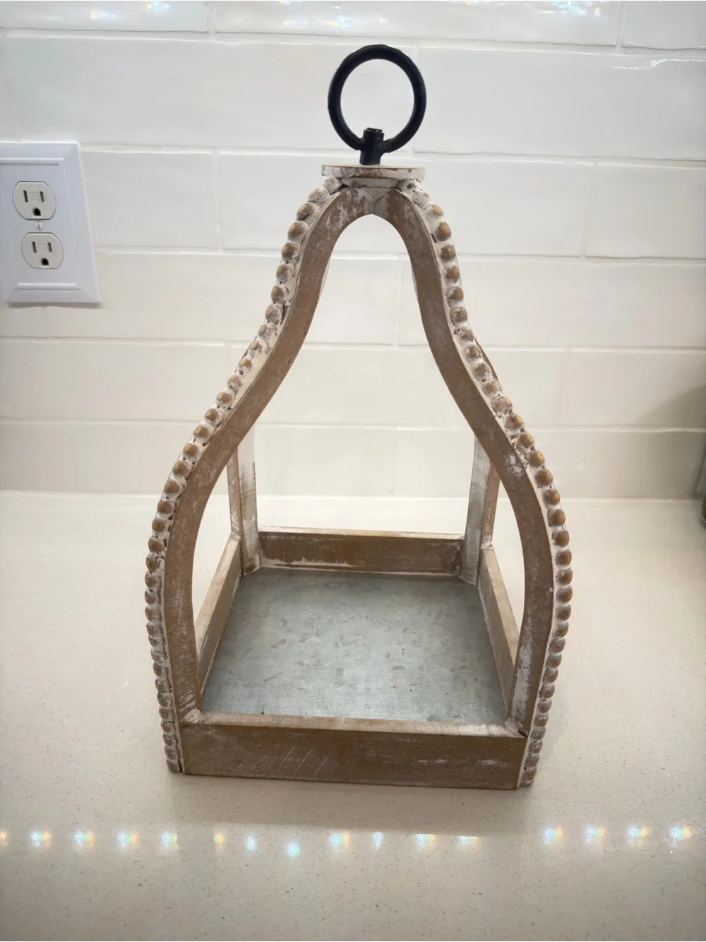 Kirkland Signature Whitewashed Wood and Metal Decorative Lantern with Black Ring
